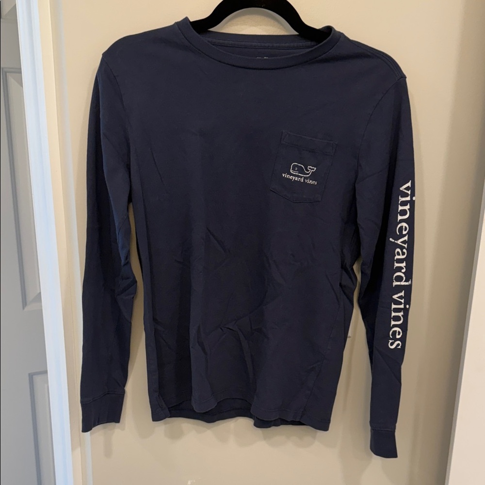 Vineyard Vines Navy Long Sleeve Pocket Tee with White Sleeve Logo
